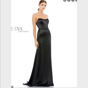 Mac Duggal, Ieena Long Beaded Strap Satin Gown, Black, Size 8